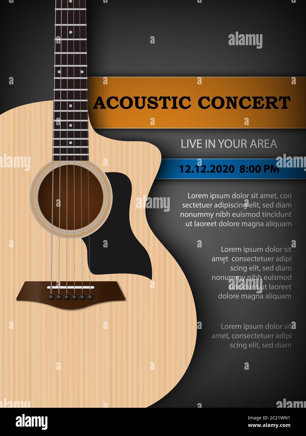 Festival de música acústica concierto volante póster plantilla de diseño, guitarra  acústica sobre fondo oscuro, vector ilustración Imagen Vector de stock -  Alamy