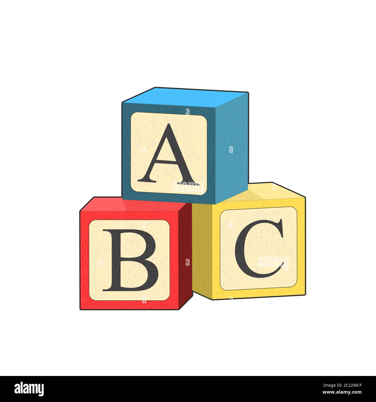 Edificio ABC Ilustración de de dibujos animados. Pirámide de juguete para bebés, jugando al cubo del alfabeto de madera. Juego lógico. Desarrollo de juegos infantiles. Juego de Imagen Vector