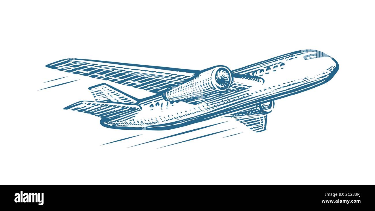 Croquis de avión volador. Transporte aéreo, aerolínea, ilustración de vector de avión retro Ilustración del Vector