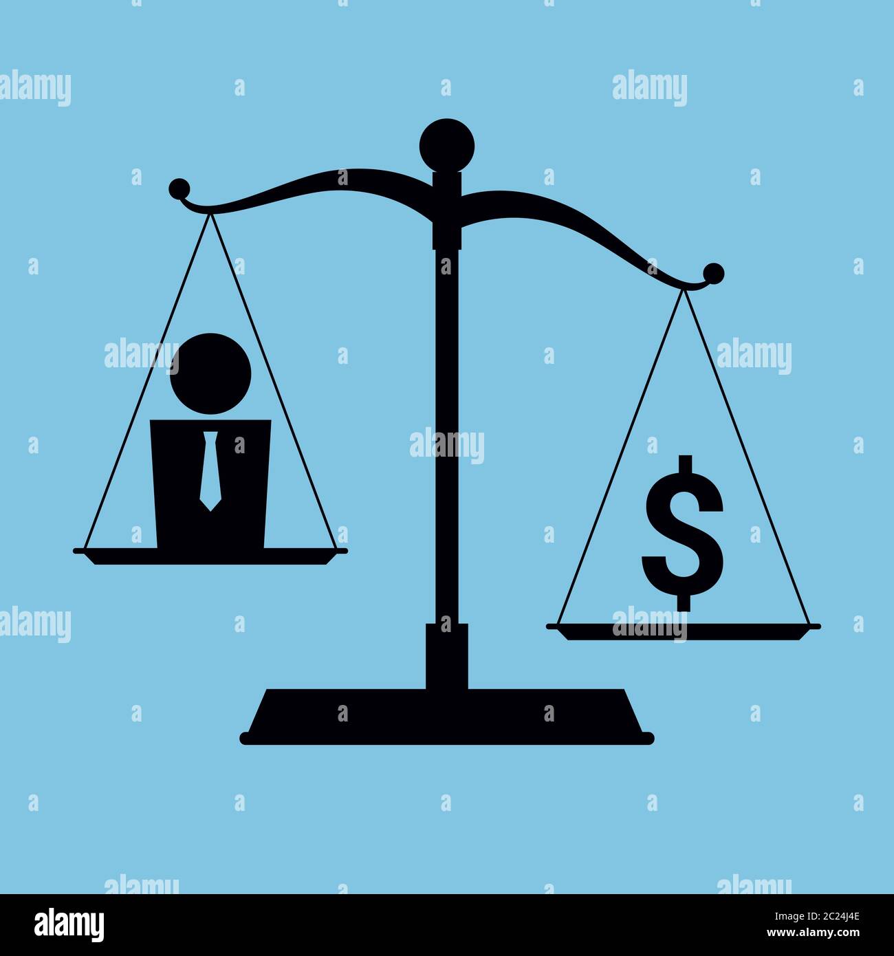 Vector ilustración simplificada sobre el tema del materialismo y la avaricia. Icono de una escala con un humano en la sartén y símbolo de dólar en la otra. Ilustración del Vector