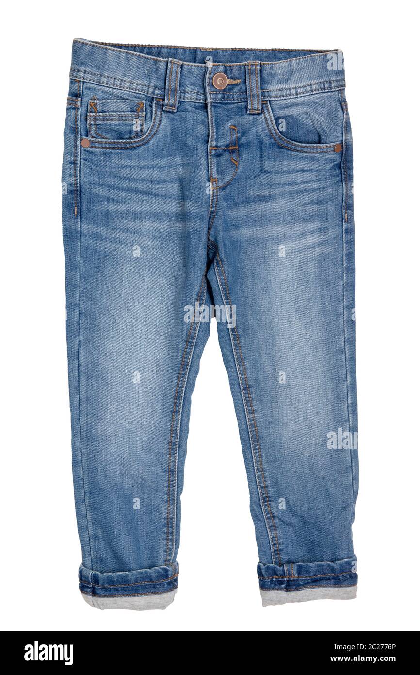 Jeans aislados. Moda elegante pantalón de mezclilla azul o pantalón de niño  chico con acogedor ambiente cálido forro. Aislado sobre un fondo blanco.  Thermojeans otoño y Fotografía de stock - Alamy