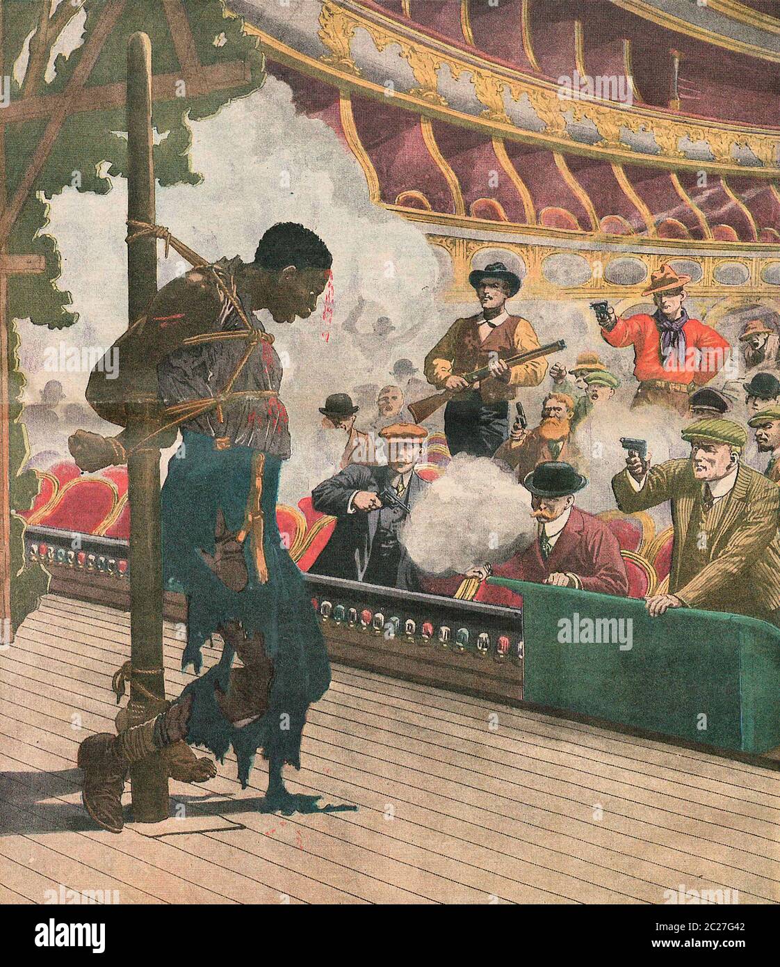 Linchando escena en los Estados Unidos - un hombre negro filmado en un escenario de teatro, alrededor de 1911 Foto de stock