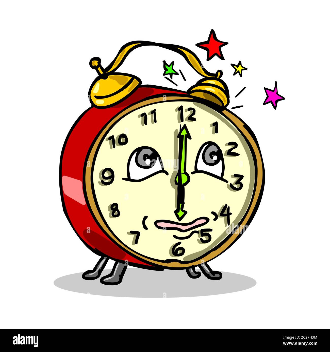 Ilustración de estilo de dibujos animados de un reloj despertador  tradicional de primavera mecánica que desactiva la alarma de timbre y se  despierta en el bac blanco aislado Fotografía de stock -