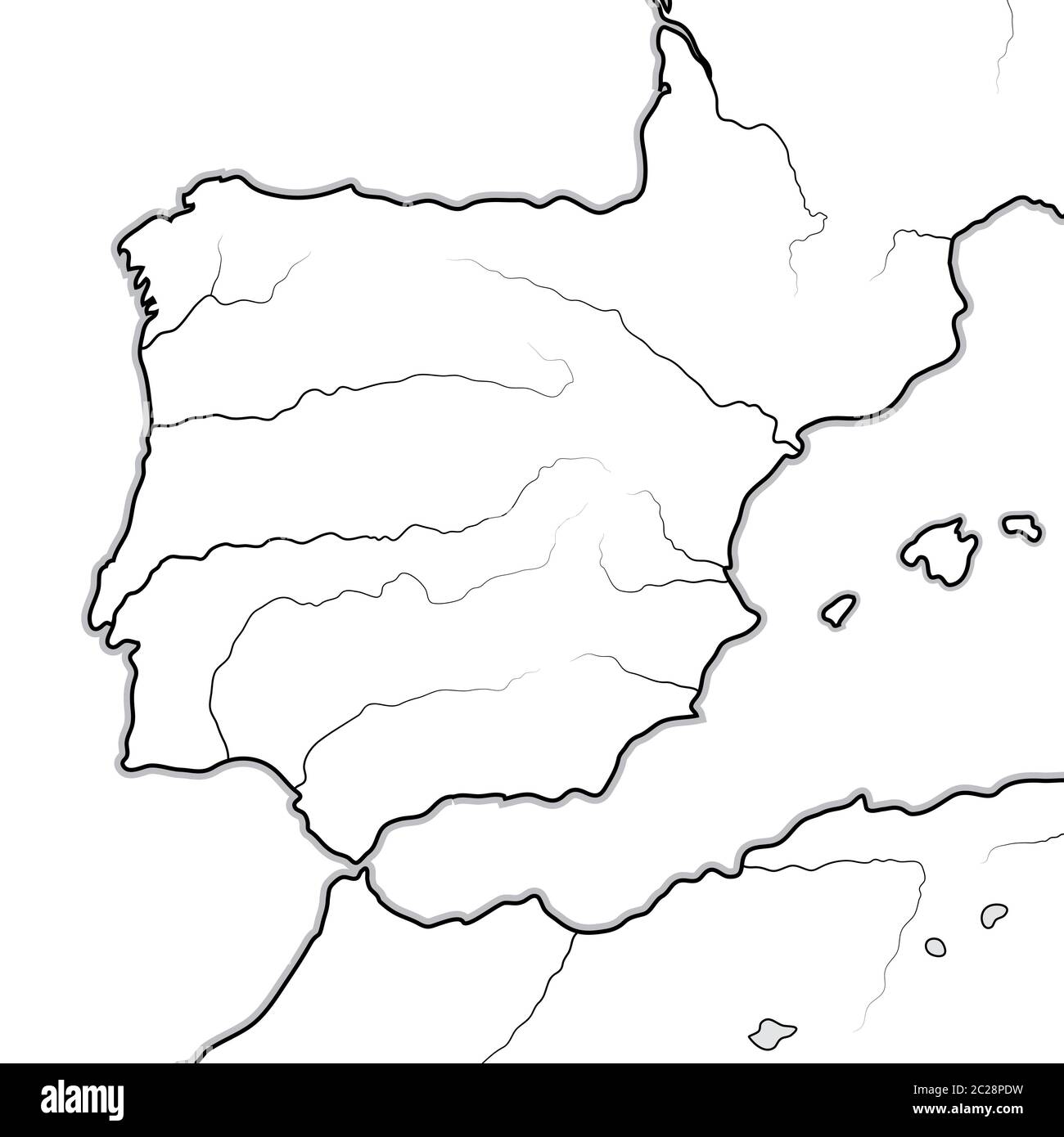 Mapa de las tierras ESPAÑOLAS: España, Portugal, Cataluña, Iberia, los Pirineos. Gráfico geográfico. Foto de stock