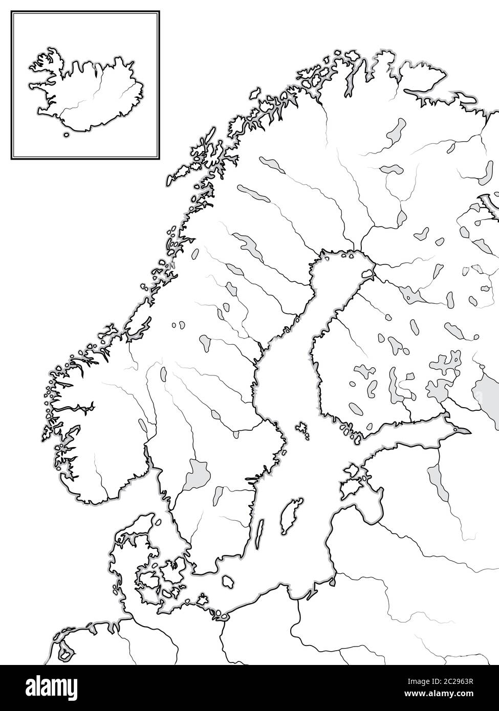 Mapa de las tierras ESCANDINAVAS: Escandinavia, Suecia, Noruega, Finlandia, Dinamarca e Islandia. Gráfico geográfico. Foto de stock