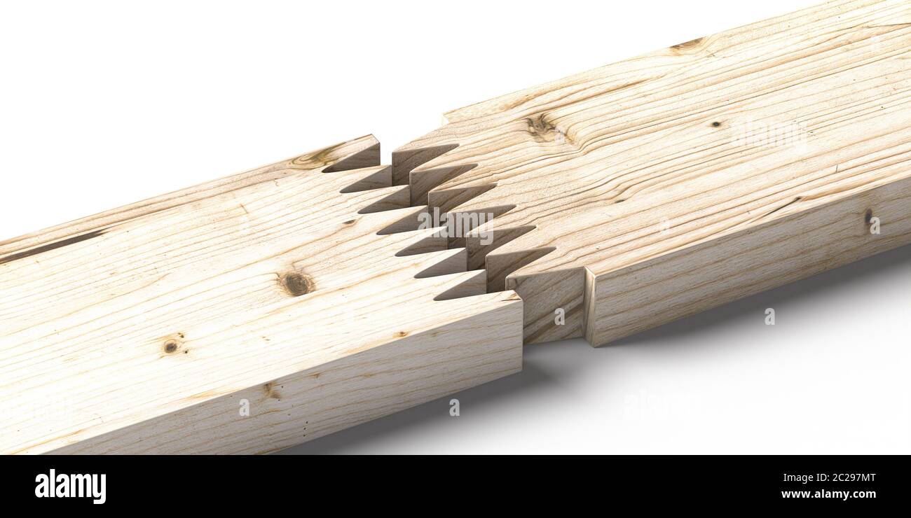 Concepto de conexión de madera de la articulación de los dedos. Carpintería de zigzag al final de las piezas para el empalme sobre fondo blanco. ilustración 3d Foto de stock