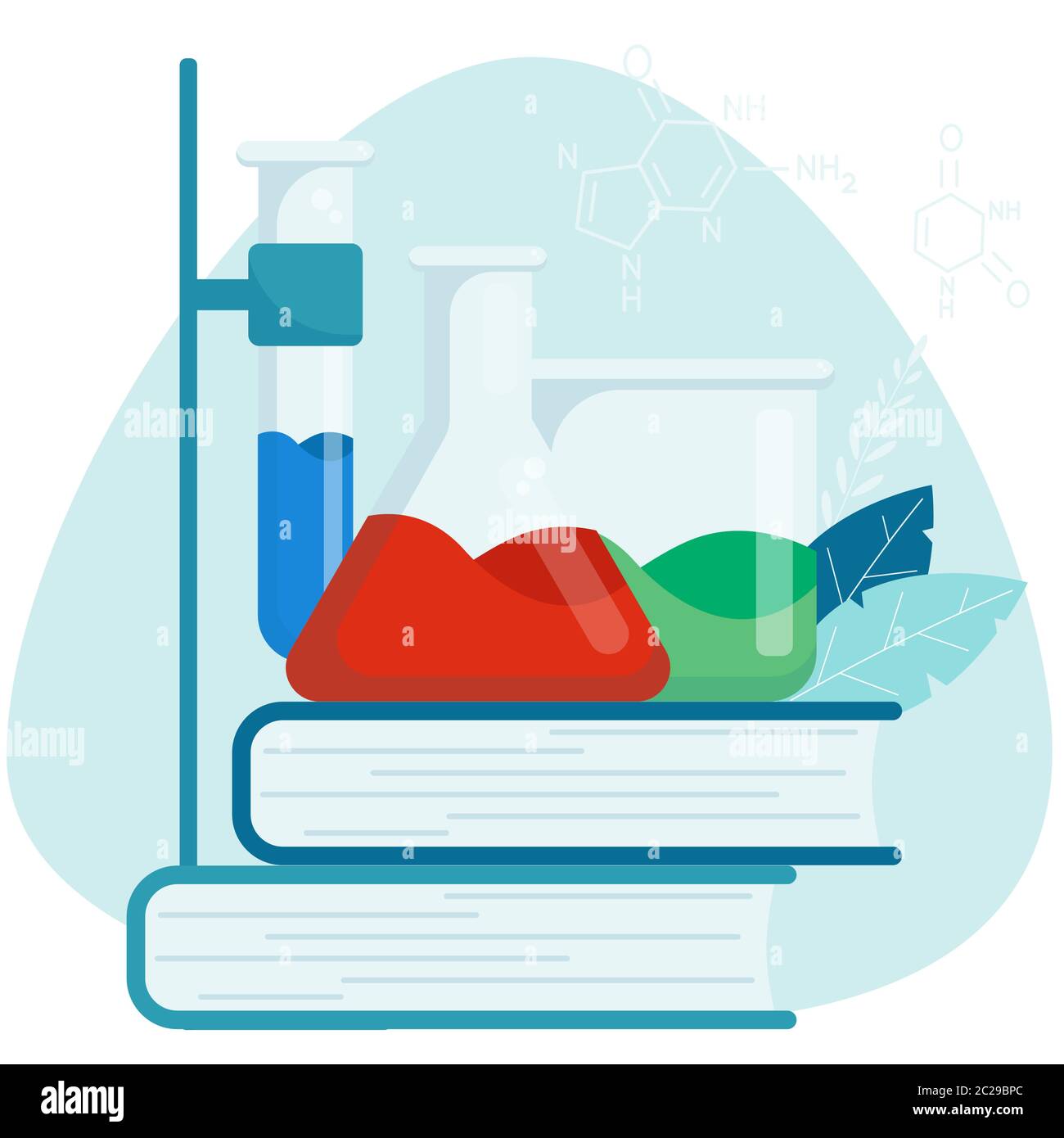 Concepto de educación química. Equipo químico para experimentos,  laboratorios. Matraz de vidrio con libros. Laboratorio escolar Imagen  Vector de stock - Alamy
