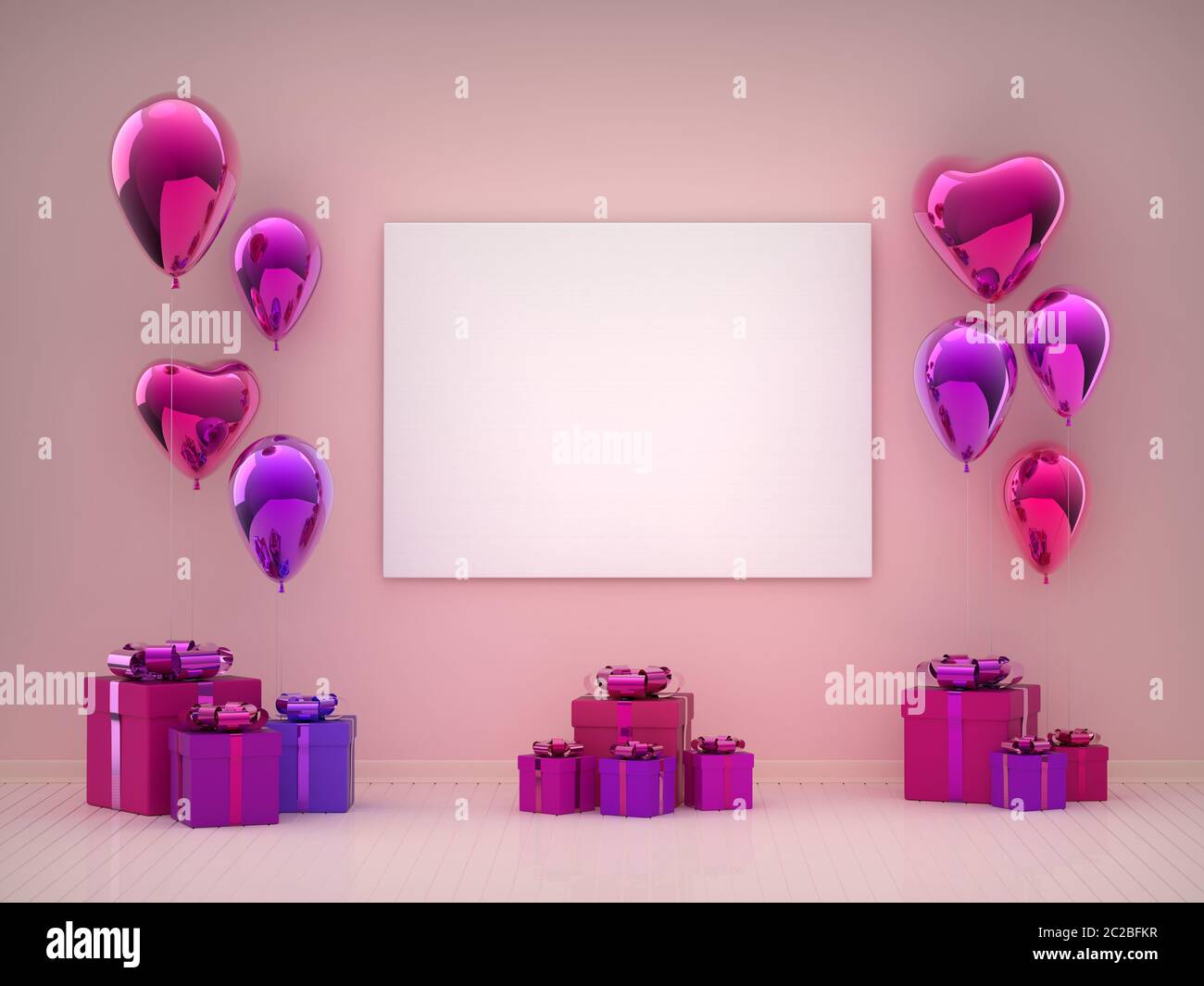 Estampado de póster de lona simulada con globo de corazón rosa, regalo de  cumpleaños y caja de regalo de celebración. Espacio vacío para publicidad,  promoción, banners en medios sociales. Habitación rosa San