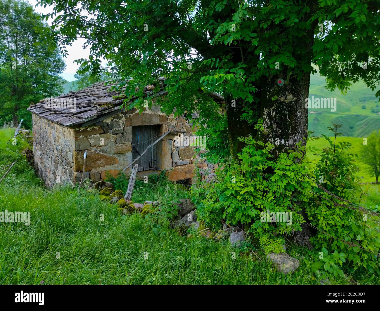 Paisaje primaveral de cabañas y prados de pasíegas en el Valle de Miera en la Comunidad Autónoma de Cantabria. España, Europa Foto de stock