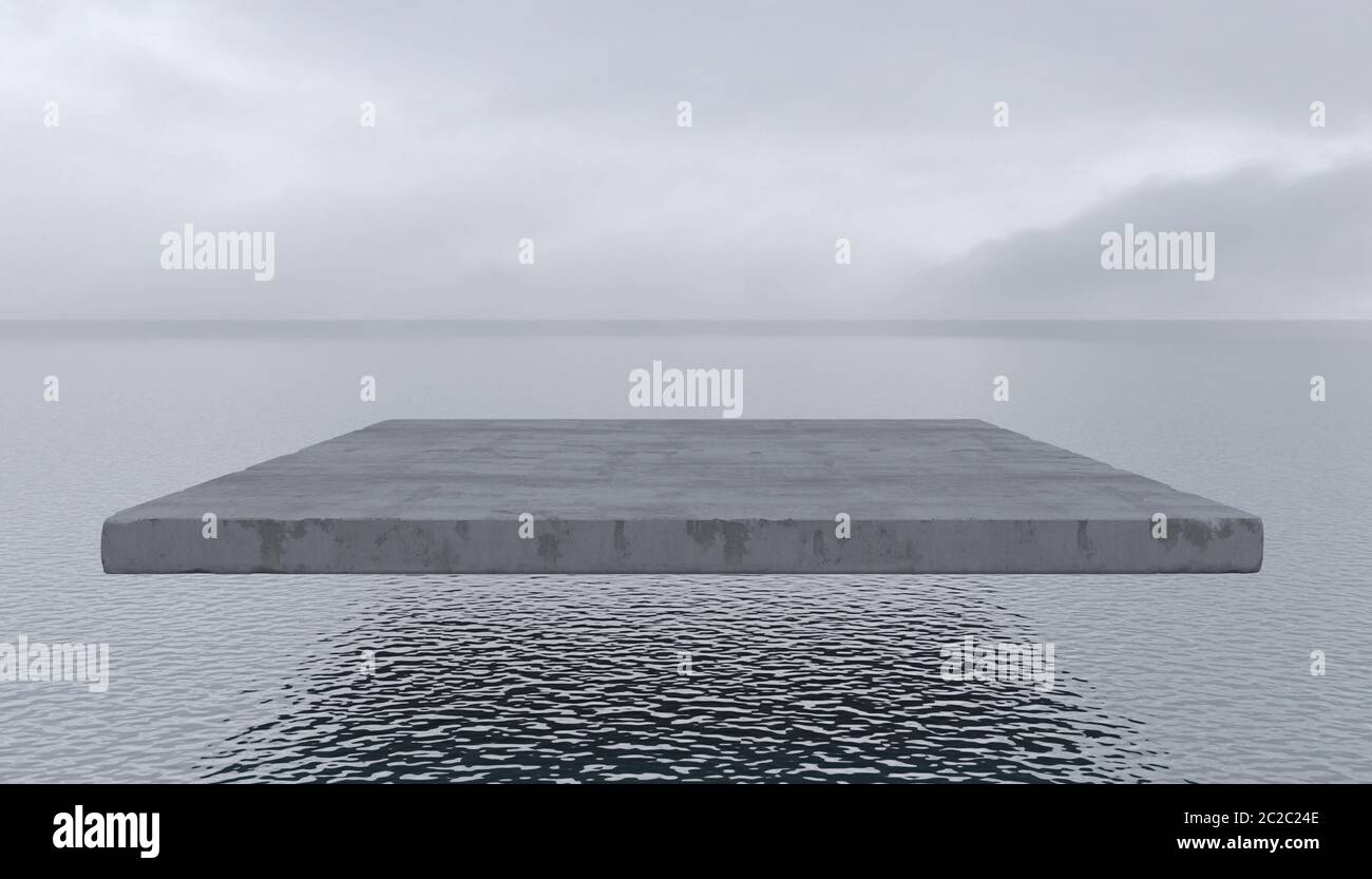 La losa de concreto se apoya en el aire sobre una superficie lisa del agua. El bloque de cemento vacío vuela sobre el mar o el océano en un clima nublado. Crea conceptual Foto de stock