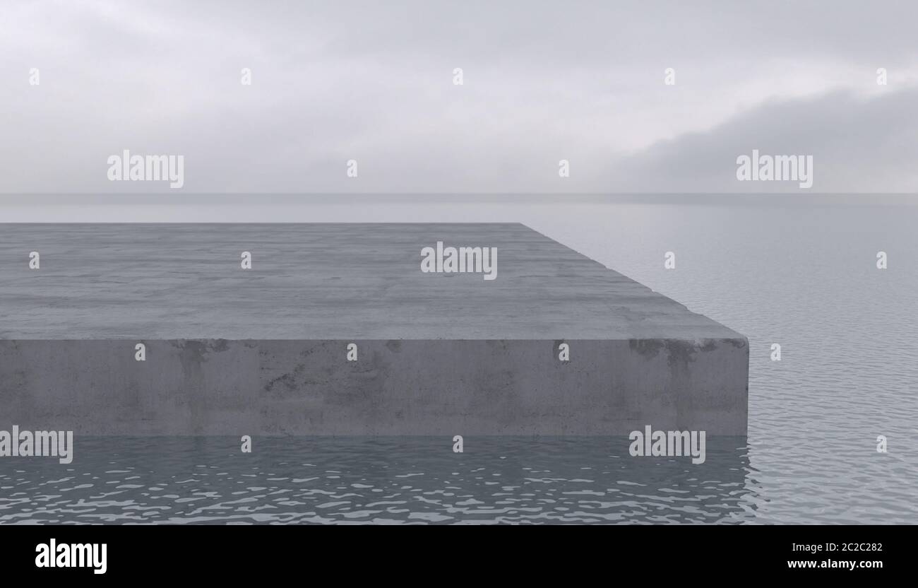 Un gran muelle de bloques de concreto se encuentra en la superficie del mar o el océano en clima nublado. Área vacía, plataforma o podio en el agua tranquila. Conceptual il Foto de stock