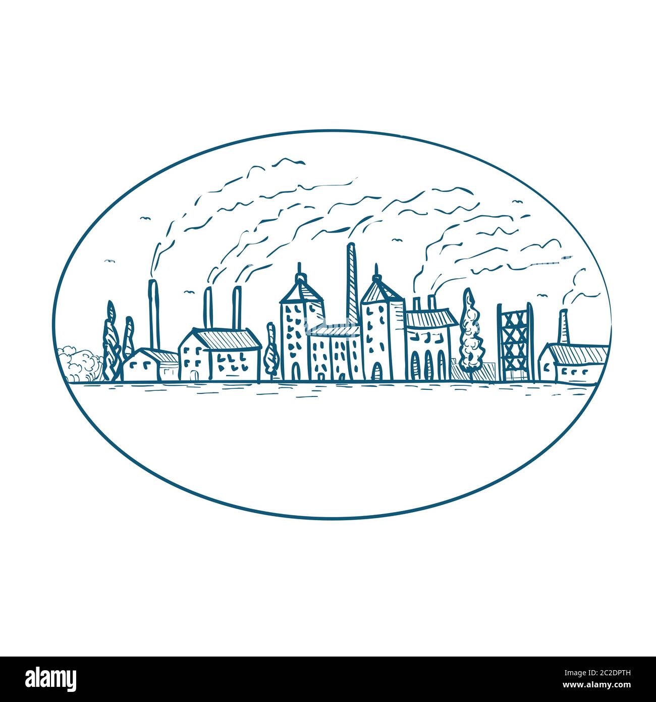 Dibujo de dibujo estilo ilustración de una revolución industrial paisaje de los años 1800 con fábrica, construcción, smokestack, chimenea, humo y aire pollut Foto de stock