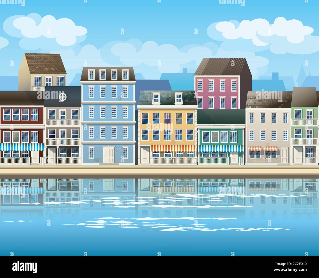 Estilizada, perfecta ilustración vectorial horizontal sobre el tema de la ciudad vieja, el paseo marítimo, la zona costera, el casco antiguo del puerto Ilustración del Vector