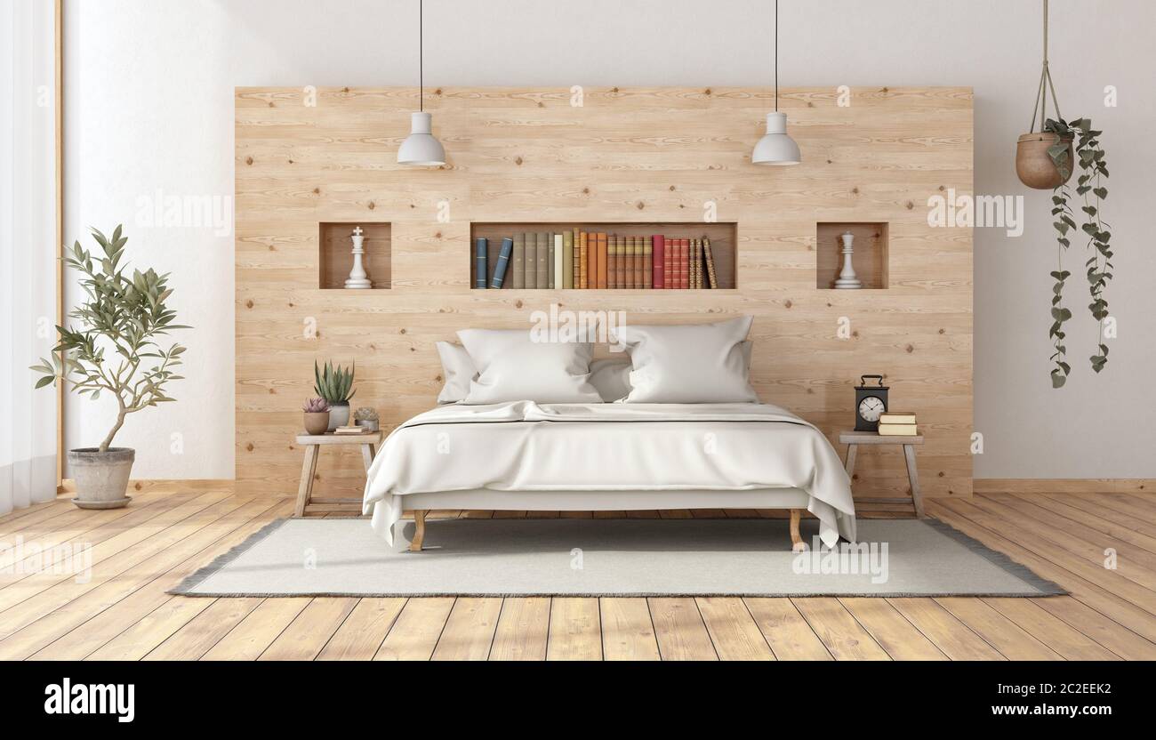 Dormitorio principal de estilo rústico con cama doble blanco minimalista  contra la pared de madera - 3D rendering Fotografía de stock - Alamy