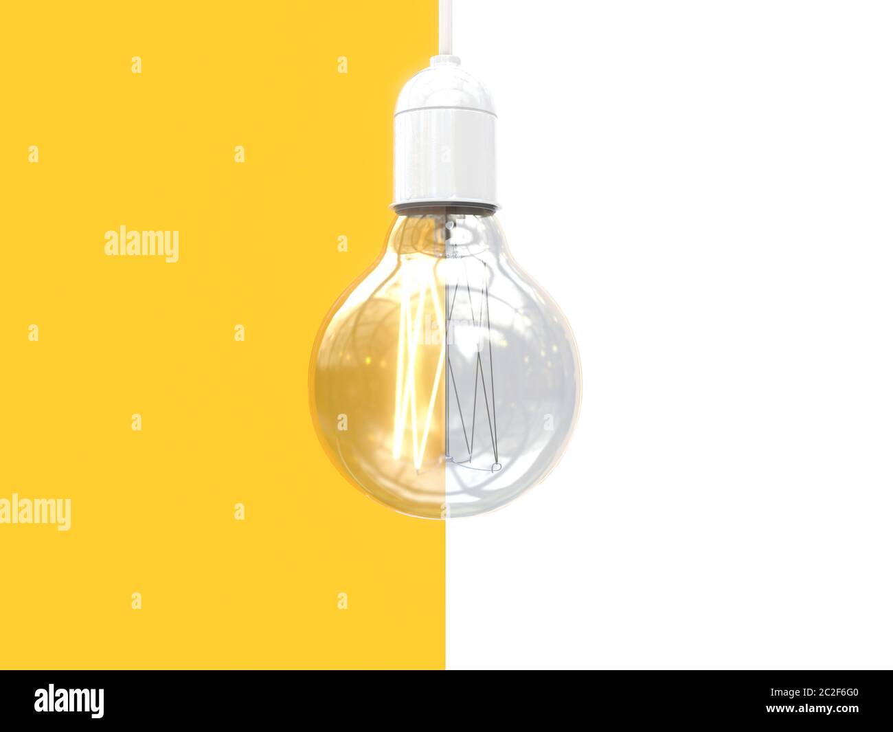 La bombilla de Edison se enciende y apaga. Imagen de una lámpara  incandescente dividida en dos partes. Comparación de contraste de opuestos.  Aislado en blanco y Fotografía de stock - Alamy