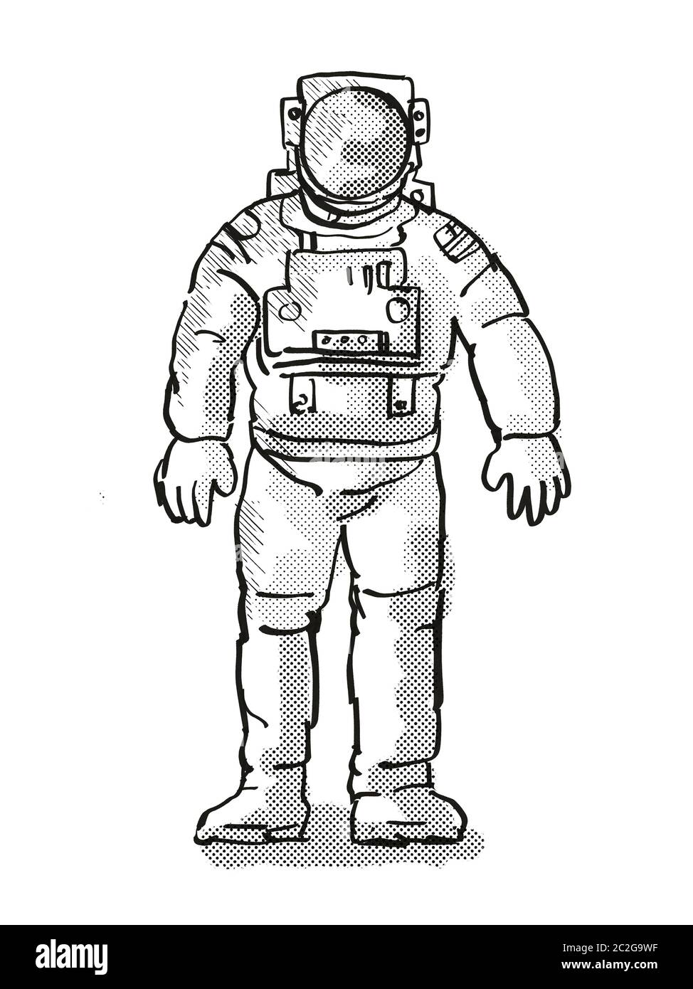 Estilo de dibujos animados Retro vintage de dibujo de un astronauta o  spaceman vistiendo traje espacial, visto desde la parte delantera sobre  fondo blanco aislado hecho con medio tono hacer Fotografía de