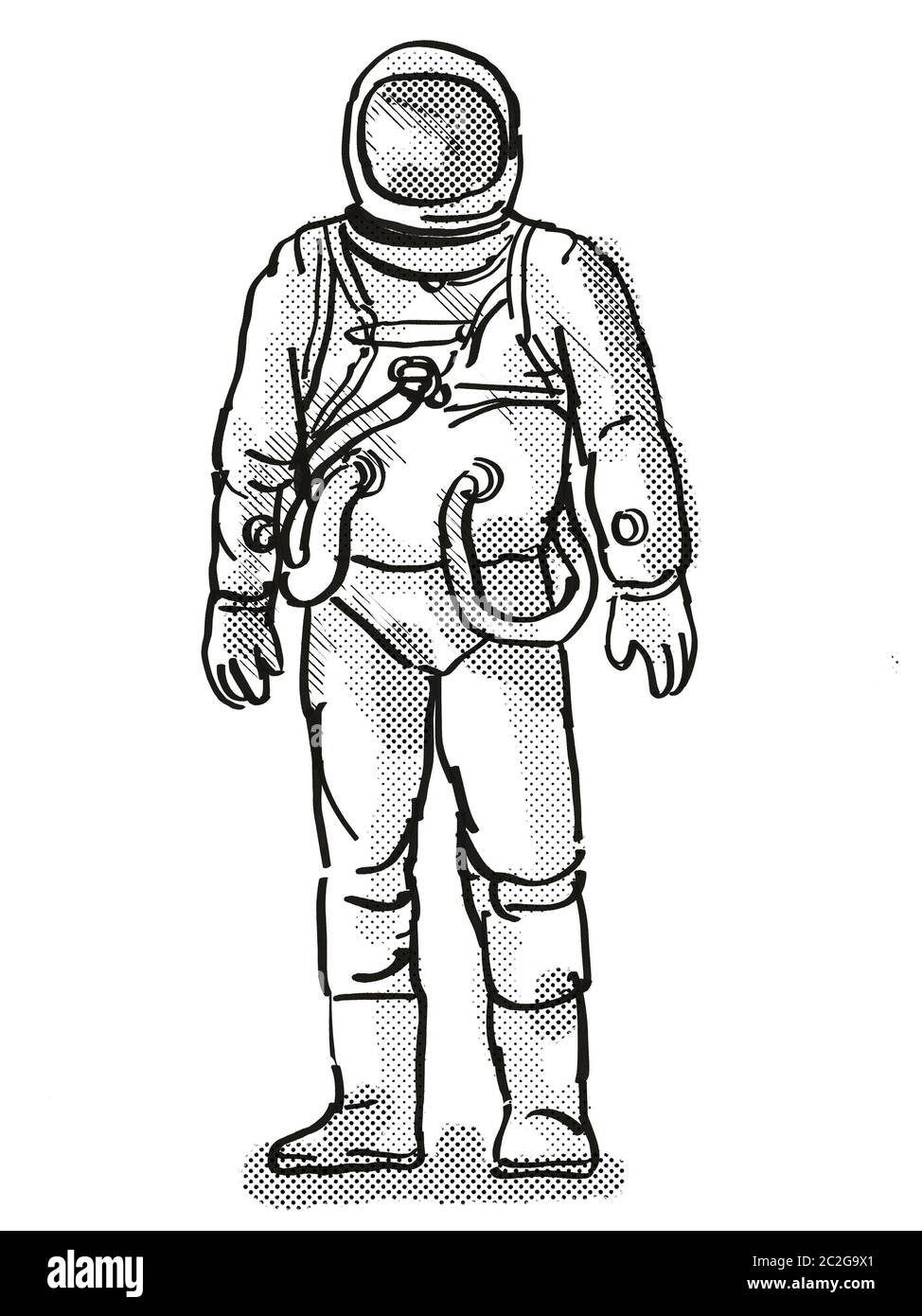 aspecto extremidades malicioso Estilo de dibujos animados Retro vintage de dibujo de un astronauta o  spaceman vistiendo traje espacial, visto desde la parte delantera sobre  fondo blanco aislado hecho con medio tono hacer Fotografía de