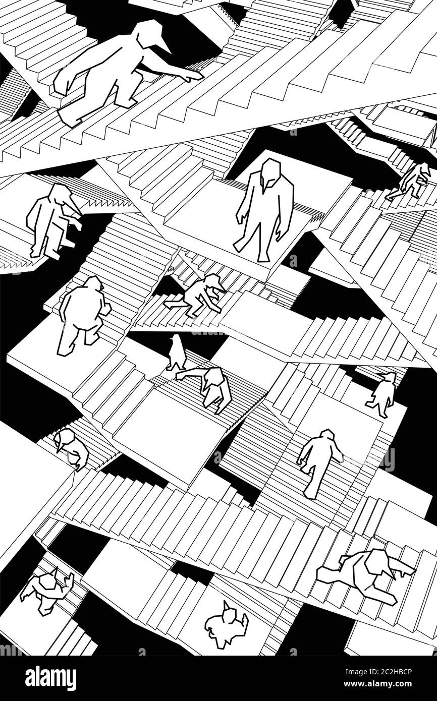 Perdido y confundido a la gente corriendo hacia arriba y hacia abajo un laberinto de escaleras Ilustración del Vector