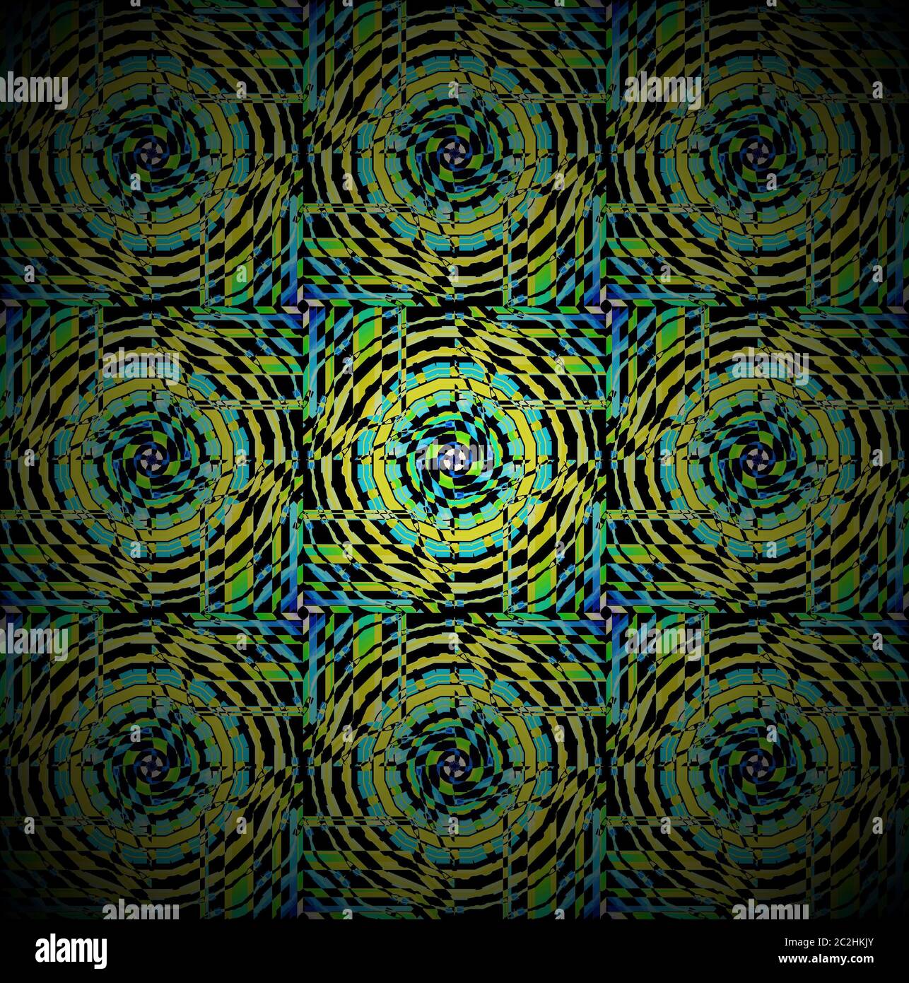 Círculos concéntricos regulares patrón negro turquesa azul verde brillante Foto de stock