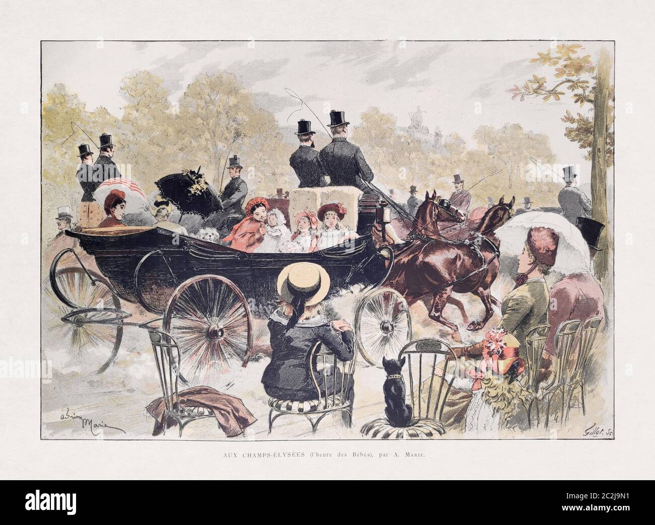 Ilustración de la familia parisina paseando en un carruaje tirado por caballos en los Campos Elíseos por A. Marie y grabado por Gillot publicado en 1885 en el mon Foto de stock