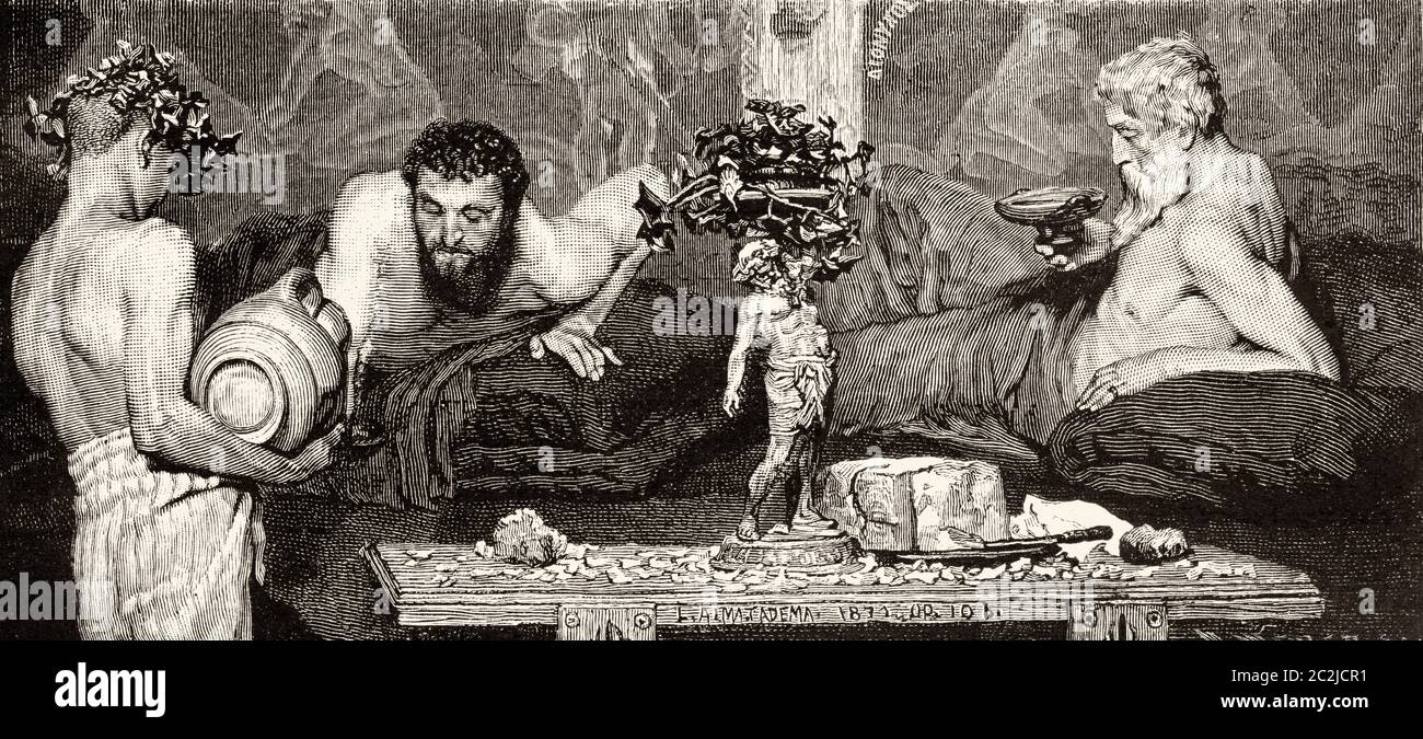 Banquete de comida en la Antigua Grecia. Antiguo siglo XIX grabado ilustración, el Mundo ilustrado 1880 Foto de stock