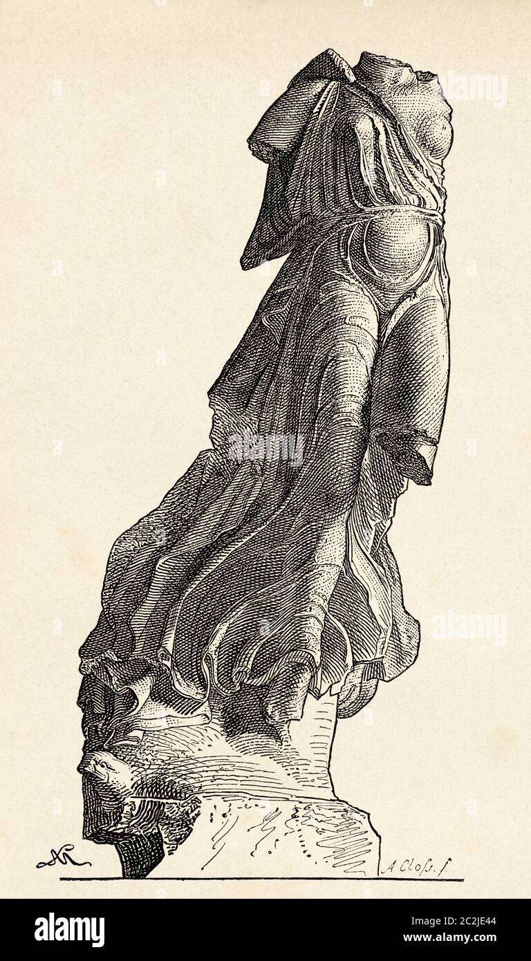 El Nike de Paionios, antigua estatua de la diosa griega de la victoria, Nike,  hecha por el escultor Paionios en 425–420 AC, se encuentra en Olimpia,  Antigua Grecia. Antiguo siglo XIX grabado