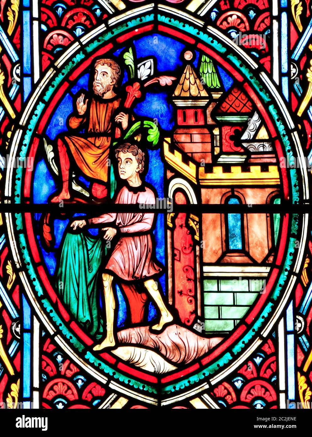 Jesús acoge en Jerusalén, el Domingo de Ramos, la gente extendiendo capas antes de él, cortando las palmas, la pasión por la ventana Adolph Didron de París, 1860 Foto de stock