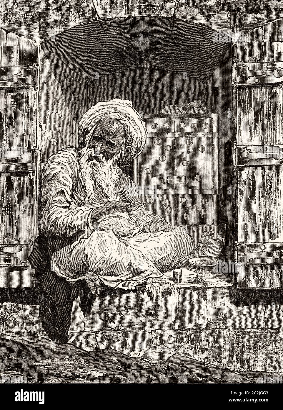Cambiador de dinero judío en el Cairo, Antiguo Egipto. Antiguo siglo XIX grabado ilustración, el Mundo ilustrado 1880 Foto de stock