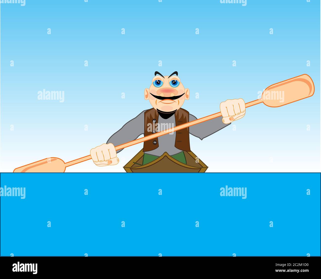 Ilustración vectorial de los hombres de dibujos animados velando en kayak en el río Foto de stock