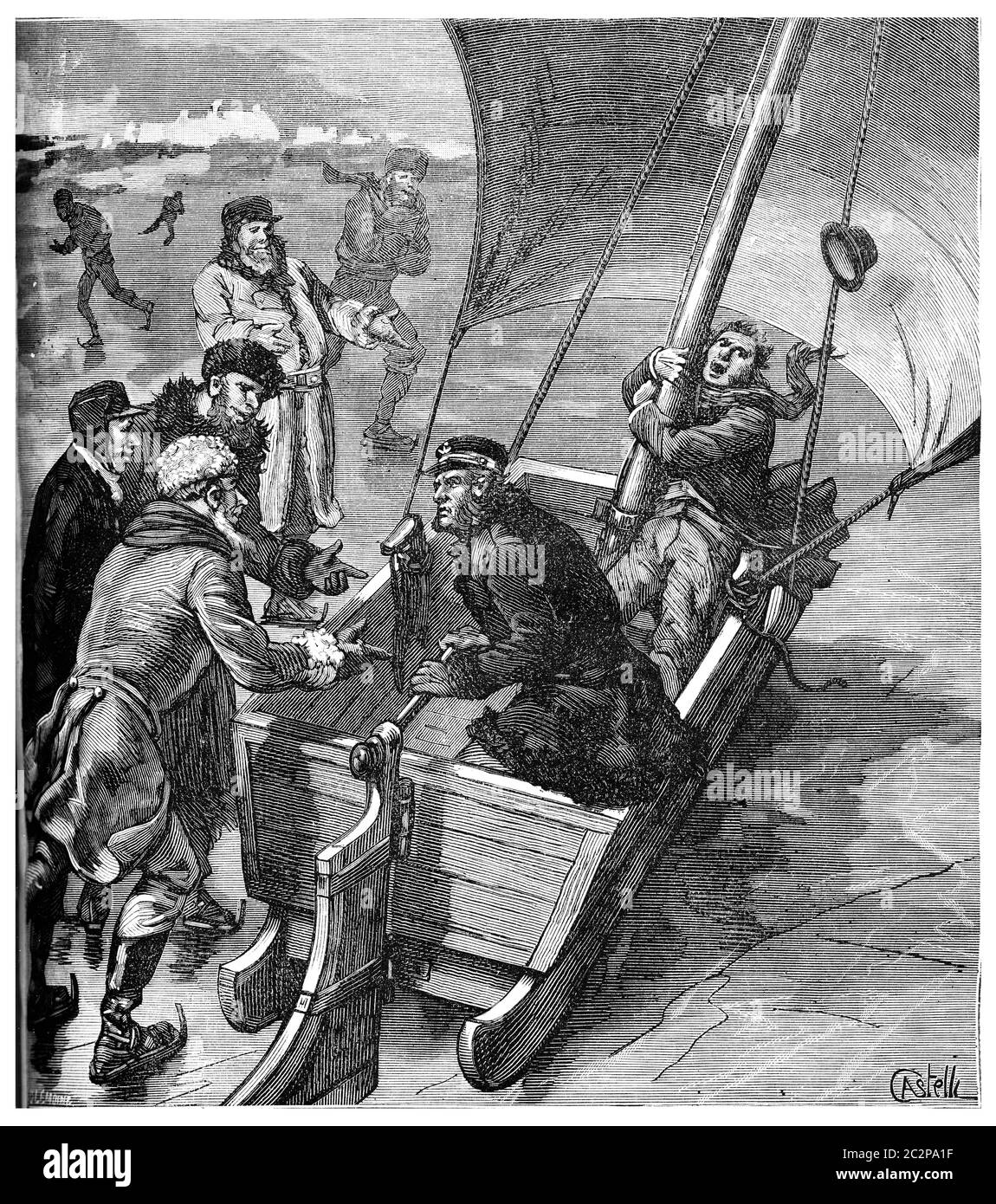 Siete años en la tierra del bacalao del Atlántico, el velo de Sleigh, la ilustración grabada vintage. Journal des Voyage, Travel Journal, (1880-81). Foto de stock