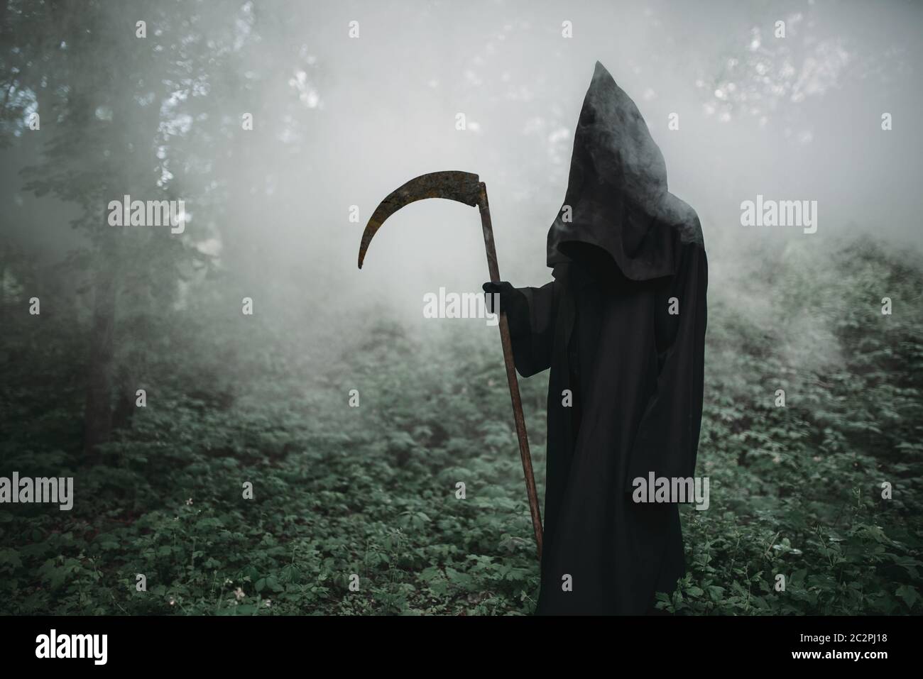La muerte en una sudadera con capucha negra y con una guadaña en el oscuro  bosque nebuloso. Estilo de horror, miedo, spooky demon Fotografía de stock  - Alamy