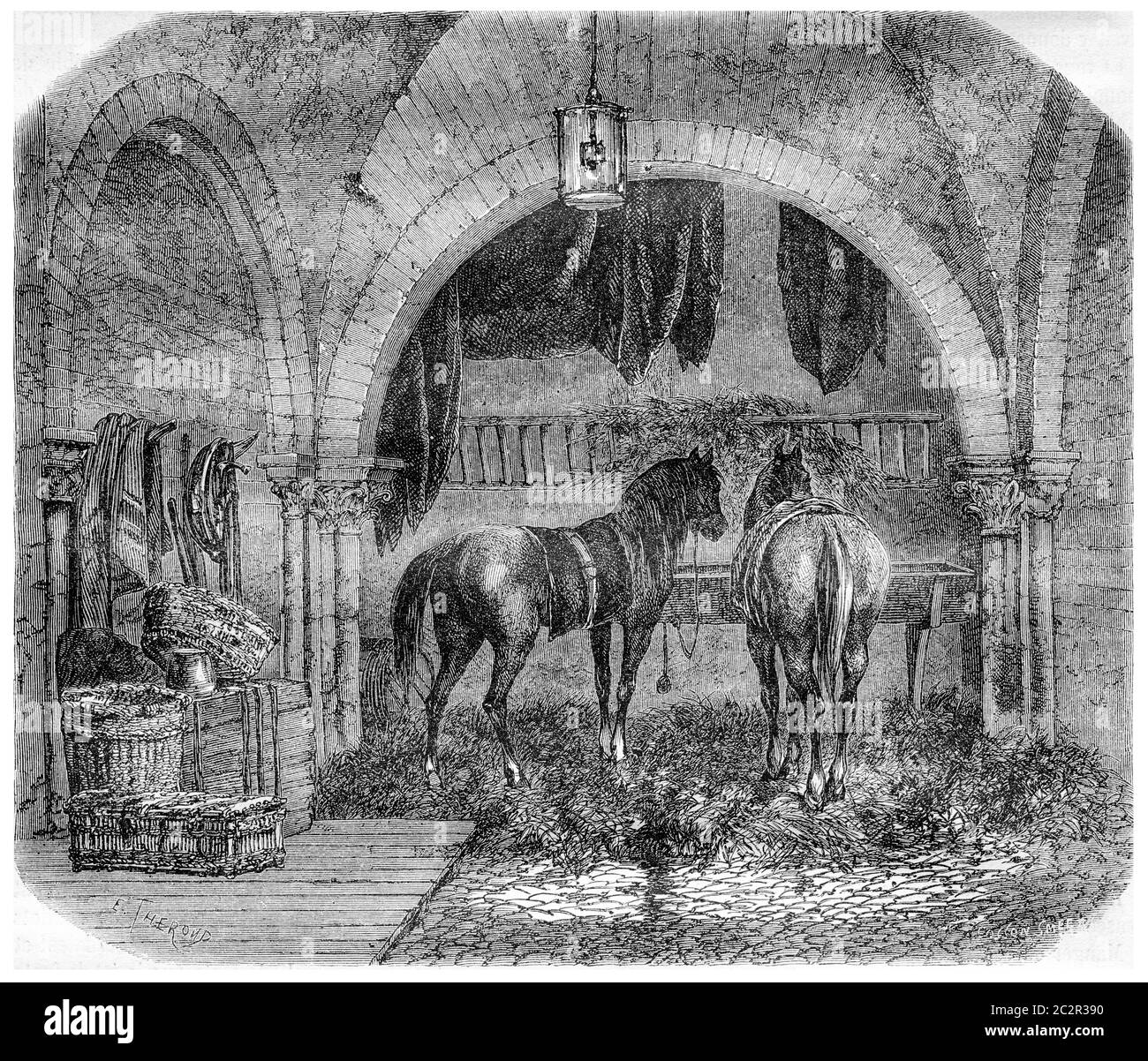 Antigua Iglesia de Saint Aignan, en París, Francia, demolido y convertido en un granero, vintage grabado ilustración. Magasin Pittoresque - 1867 Foto de stock