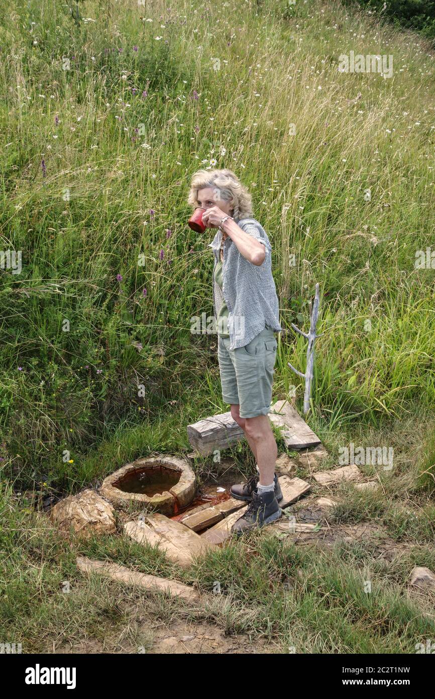 Un excursionista que bebe de un manantial de agua mineral natural carbonatada (espumosa) en un sendero cerca de Botiza, Maramureş, Rumania. El agua es rica en hierro Foto de stock