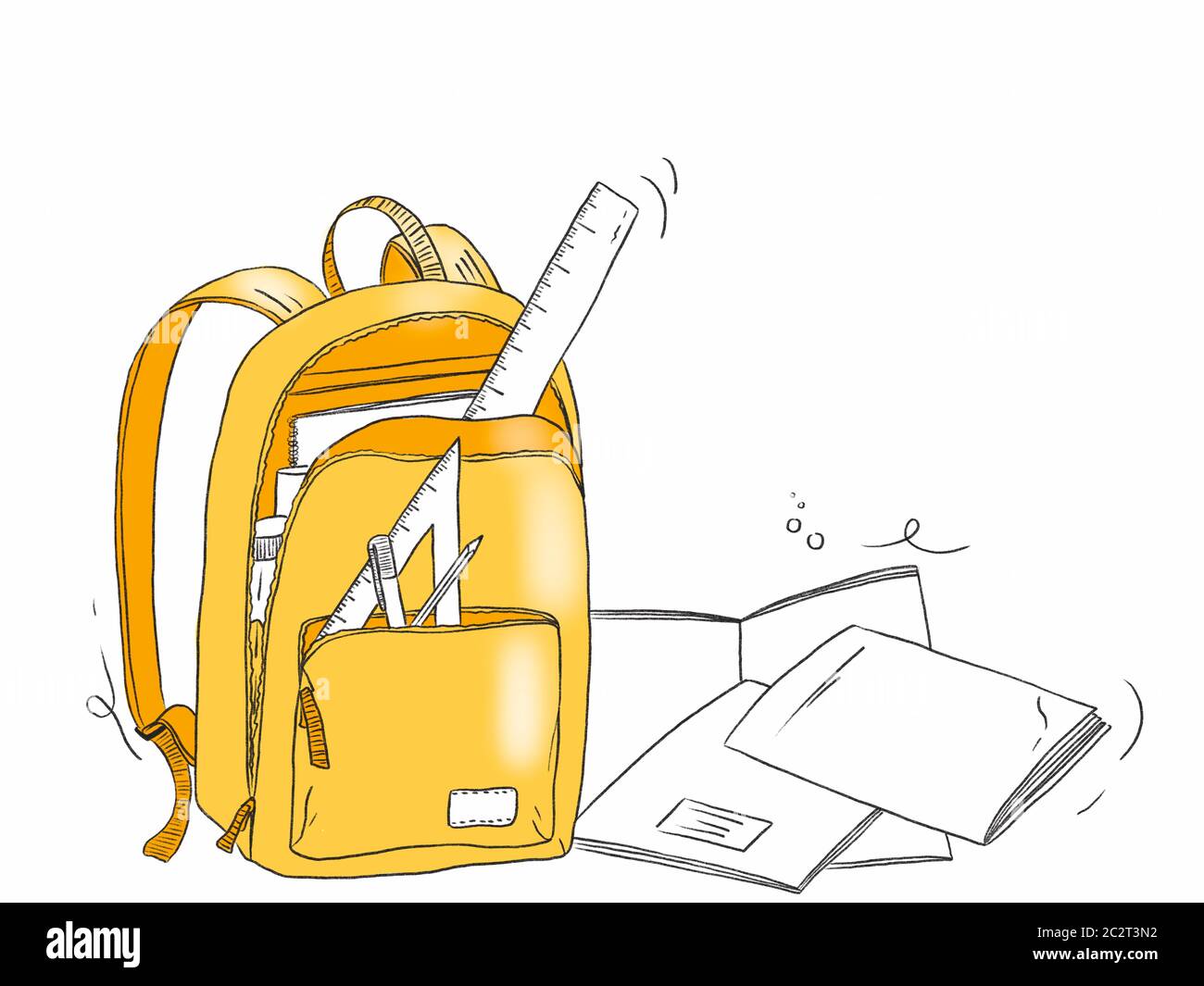 Ilustración de una bolsa de la escuela con objetos de papelería - Volver a Shool Foto de stock