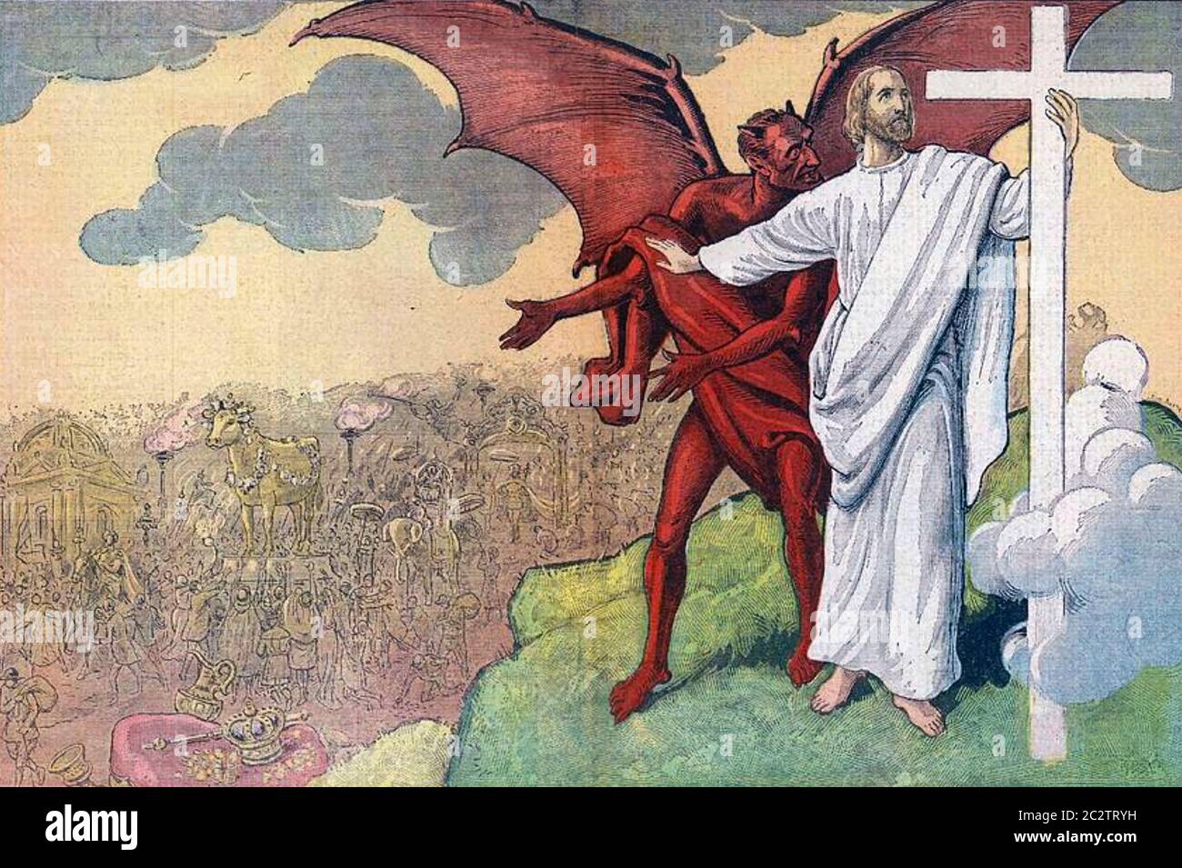 LA TENTACIÓN EN EL MONTE Satanás muestra a Cristo el mundo en una ilustración de 1937 Foto de stock