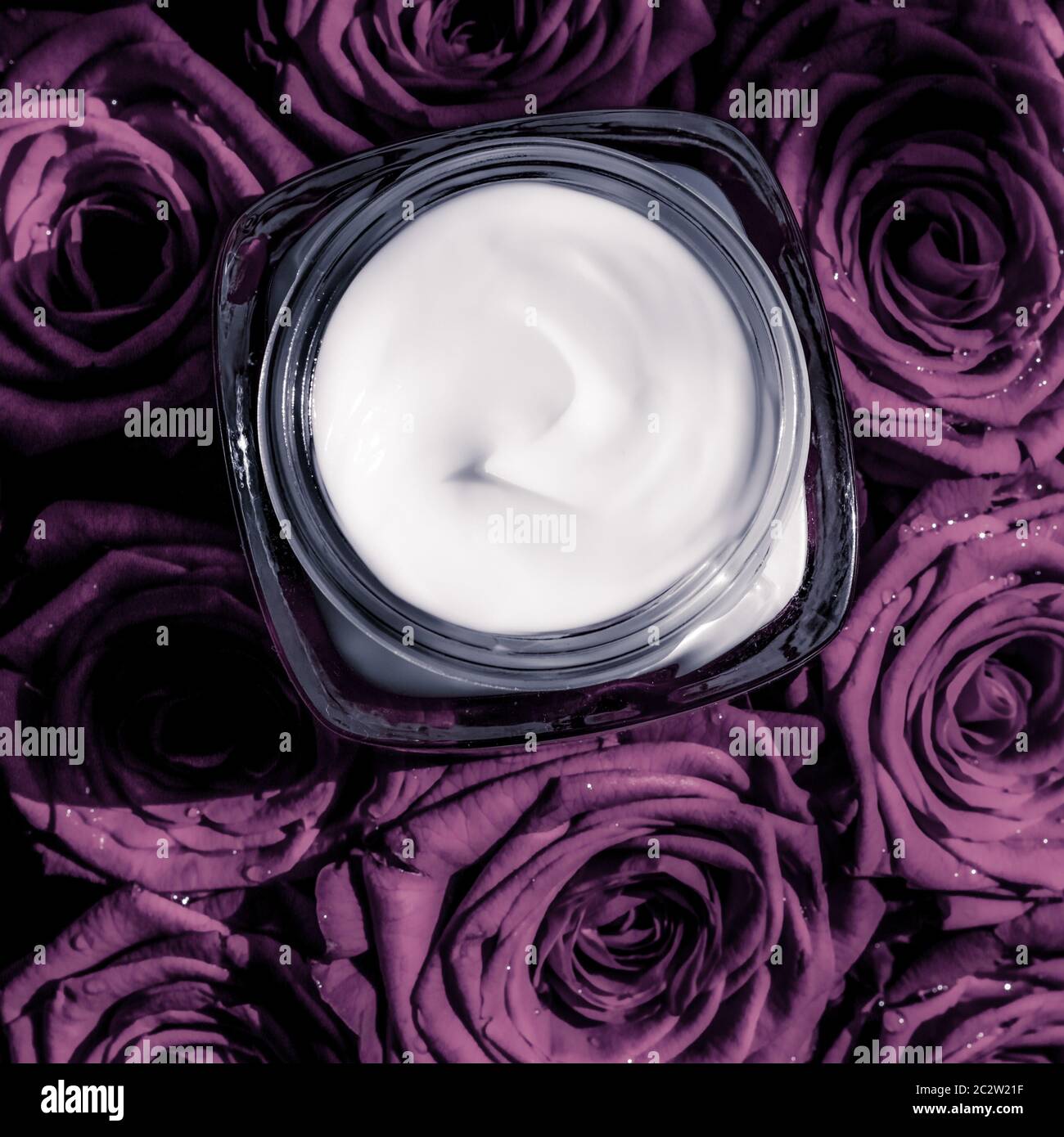 Crema facial piel hidratante en rosas púrpura flores, productos cosméticos  de lujo para el cuidado de la piel sobre fondo floral como la Marca de  belleza Holid Fotografía de stock - Alamy