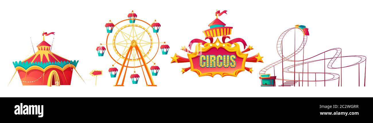  Parque de atracciones, carnaval o feria de dibujos animados vector ilustración. Rollercoaster, carpa de circo y rueda de ferris, elementos para los niños verano diversión es Imagen Vector de stock