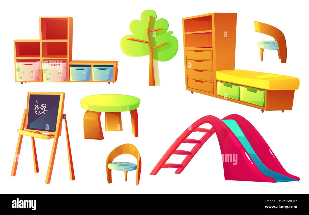 Muebles de jardín de infancia, poner dibujos vectoriales dibujos animados.  Muebles de madera para juegos o sala de clase para niños, escritorio,  sillas, estanterías vacías y cabina Imagen Vector de stock -