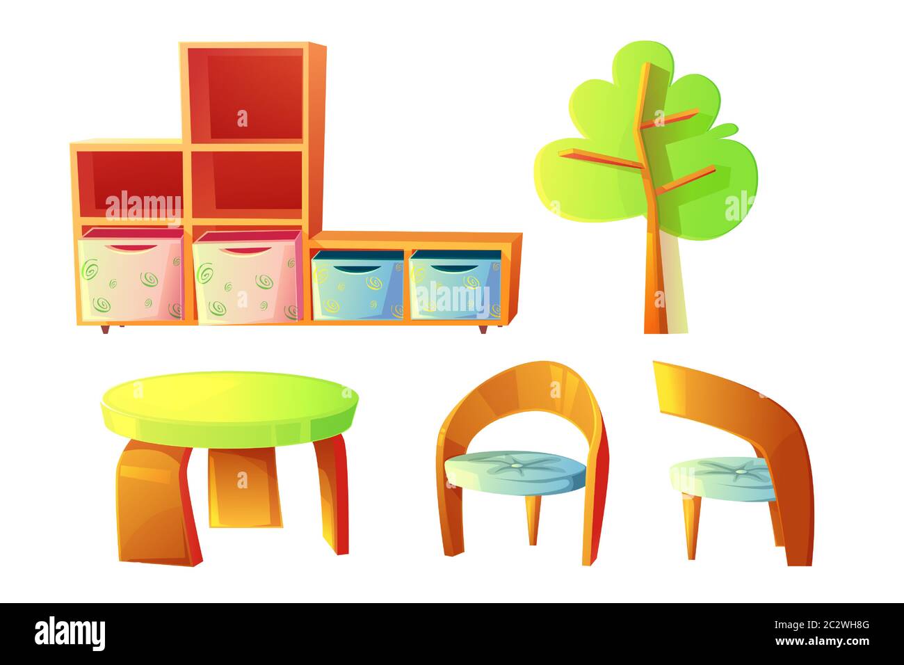 Muebles de jardín de infancia, poner dibujos vectoriales dibujos animados.  Muebles de madera para juegos o sala de clase para niños, escritorio,  sillas, estanterías vacías y cabina Imagen Vector de stock -