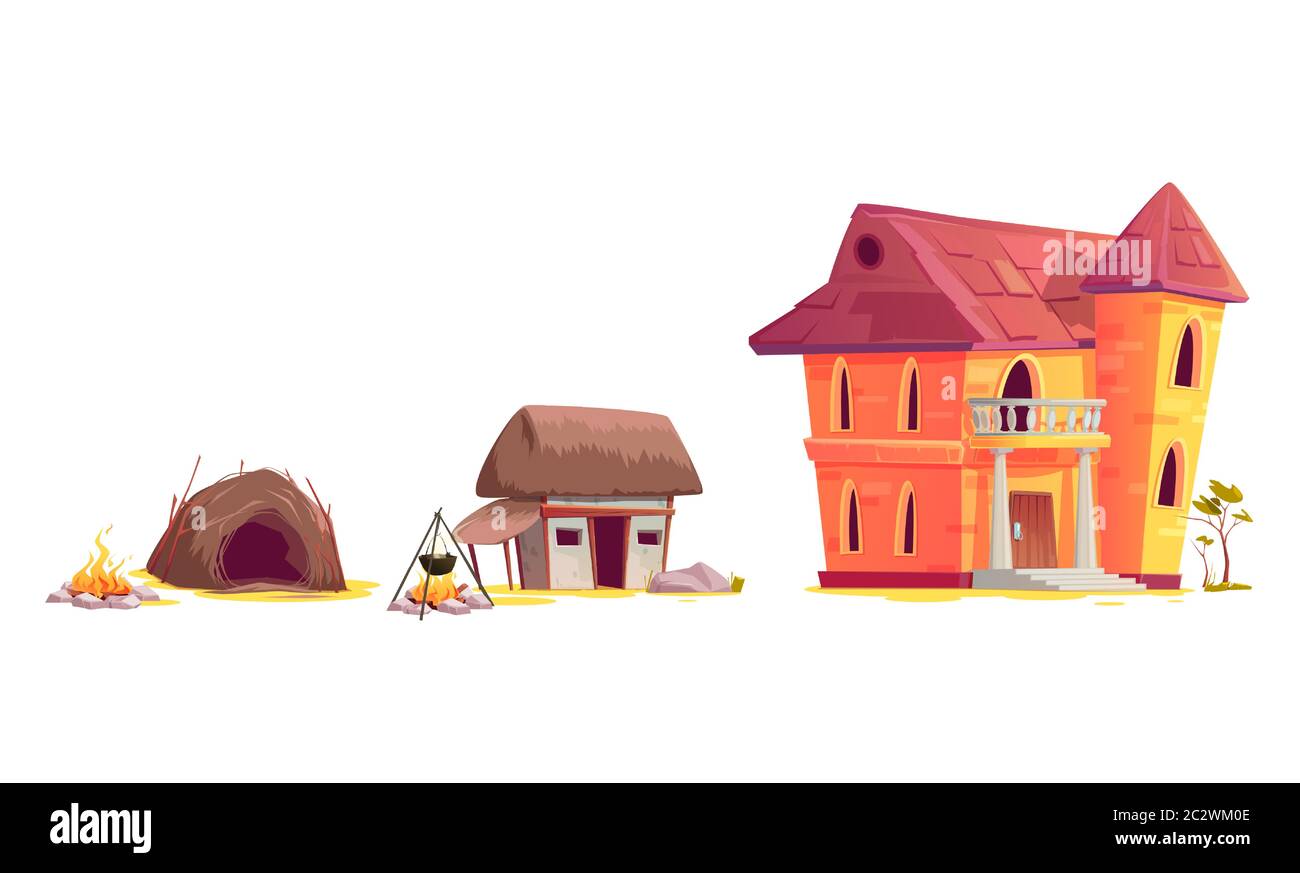 Evolución de la arquitectura de la casa, ilustración de vectores de dibujos  animados. Proceso de desarrollo de viviendas humanas, choza de ramas icono,  casa rural medieval, antigua Imagen Vector de stock -