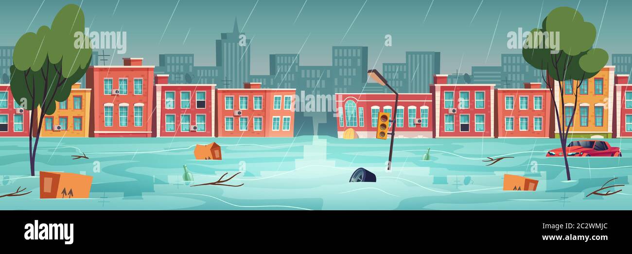  Inundación en la ciudad, el río, el flujo de agua en la calle de la ciudad. Desastre natural con lluvia. Dibujo de dibujos animados vectoriales de paisaje urbano con casas inundadas Imagen