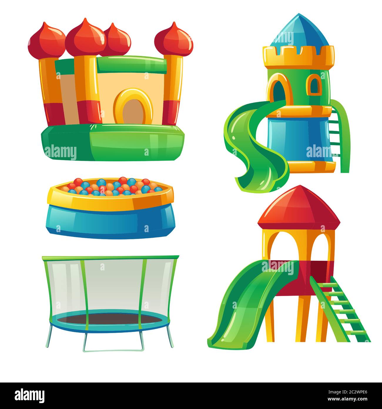 Sala de juegos en jardín de infantes con tobogán, piscina de pelota y  trampolín. Juego de dibujos animados vectoriales de muebles para la  habitación de los niños en el centro de cuidado
