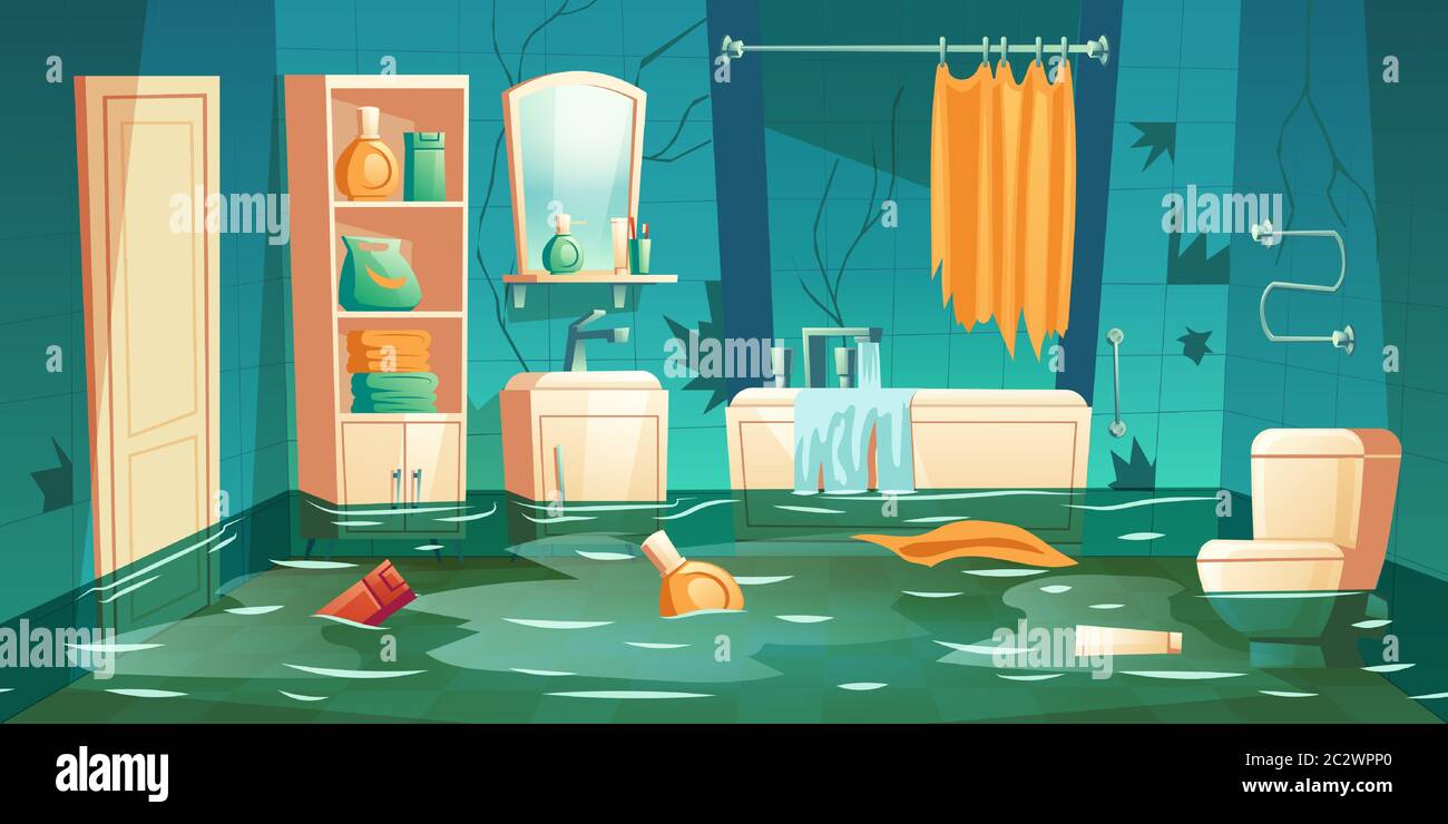 Baño inundado interior dibujos de dibujos vectoriales. Bañera con fugas,  muebles, lavabo y wc, estantes y estantería, flotando en accesorios de  agua, a Imagen Vector de stock - Alamy