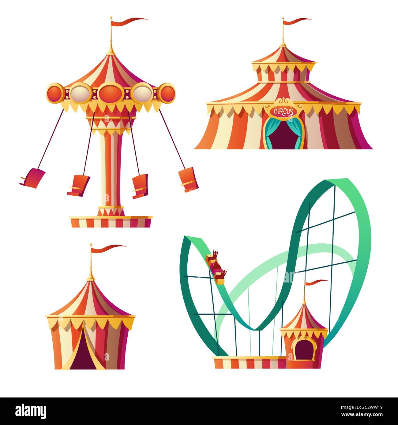Parque de atracciones, carnaval o feria de dibujos animados vector  ilustración. Rollercoaster, carpa de circo y carrusel, elementos para los  niños verano divertido isolat Imagen Vector de stock - Alamy