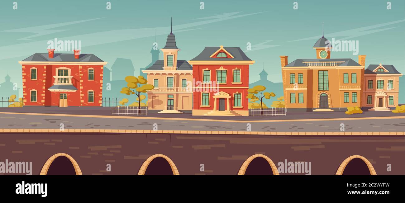 calle del siglo 19 con edificios de estilo victoriano colonial europeo y paseo del lago. Dibujo de dibujos animados vectoriales de paisaje urbano con v Ilustración del Vector