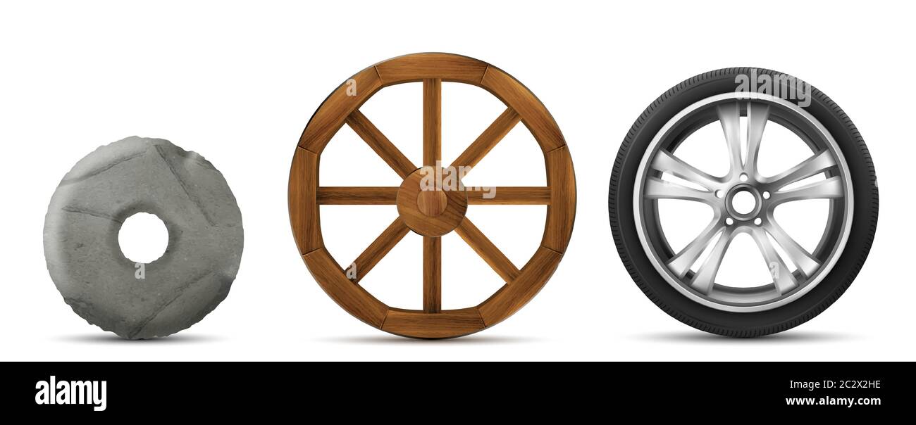 Evolución de las ruedas de anillo de piedra primitiva, madera antigua a  neumático de coche moderno con disco. Historia de las ruedas de transporte.  Vector conjunto de viejo y nuevo invento Imagen