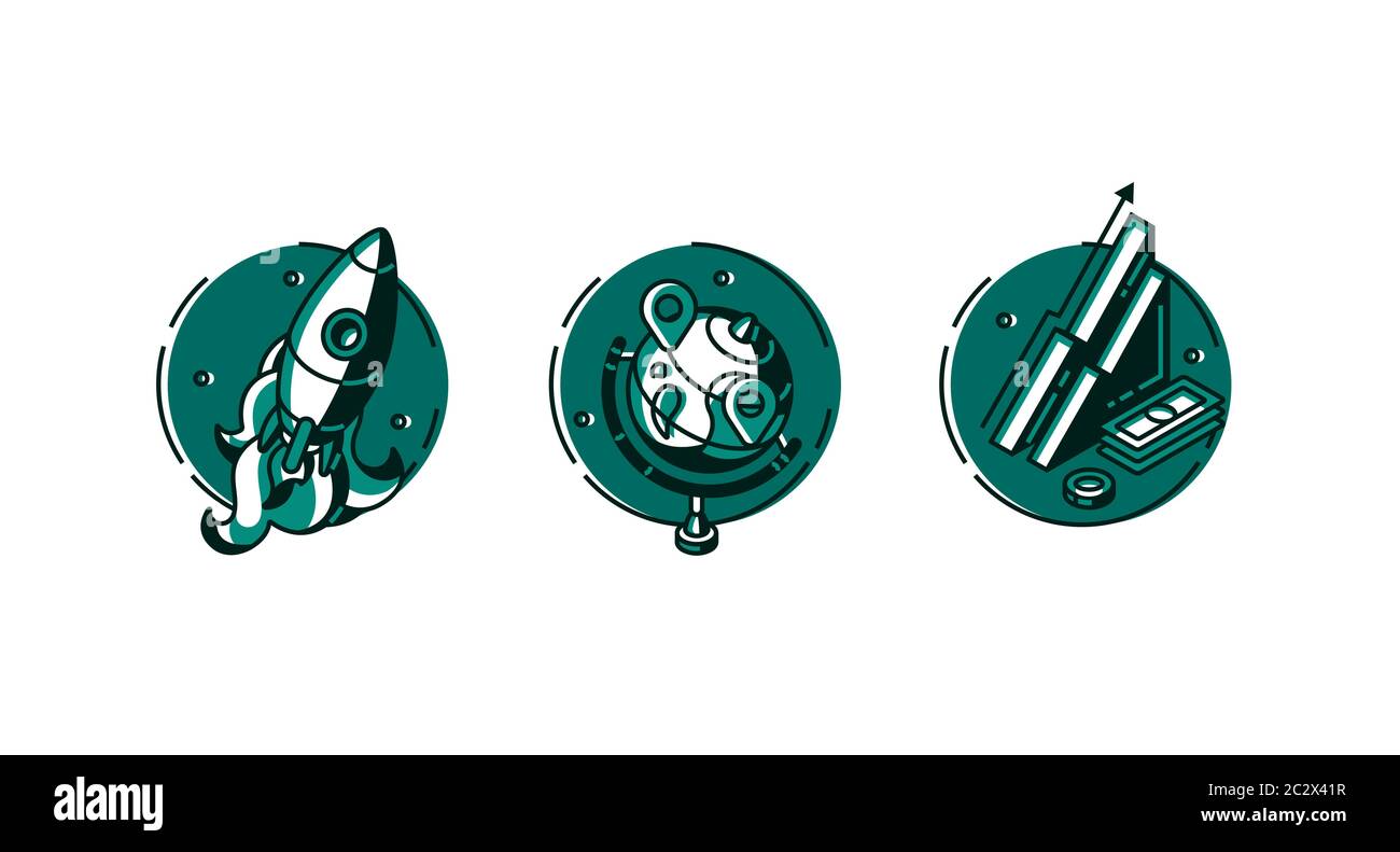 Iconos redondos de lanzamiento de cohetes, globo con GPS pins y análisis de datos isométricos o finanzas gráfico de crecimiento y dinero aislado sobre fondo blanco, verde Ilustración del Vector