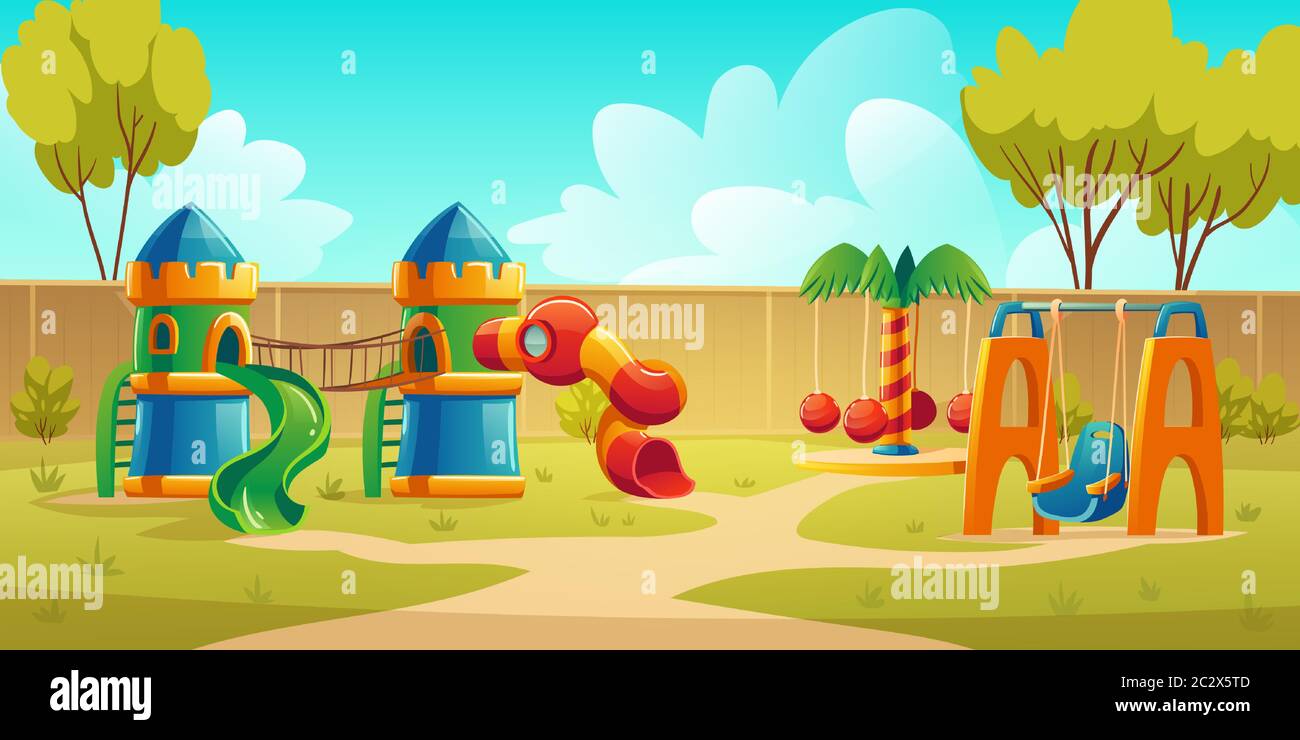 Parque infantil en el parque de verano, jardín o patio trasero con carrusel, tobogán en espiral y columpio. Dibujo de dibujos animados vectoriales de jardín de infantes Imagen Vector de stock - Parque infantil en el parque de verano, jardín o patio trasero con carrusel, tobogán en espiral y columpio. Dibujo de dibujos animados vectoriales de jardín de infantes Imagen Vector de stock -