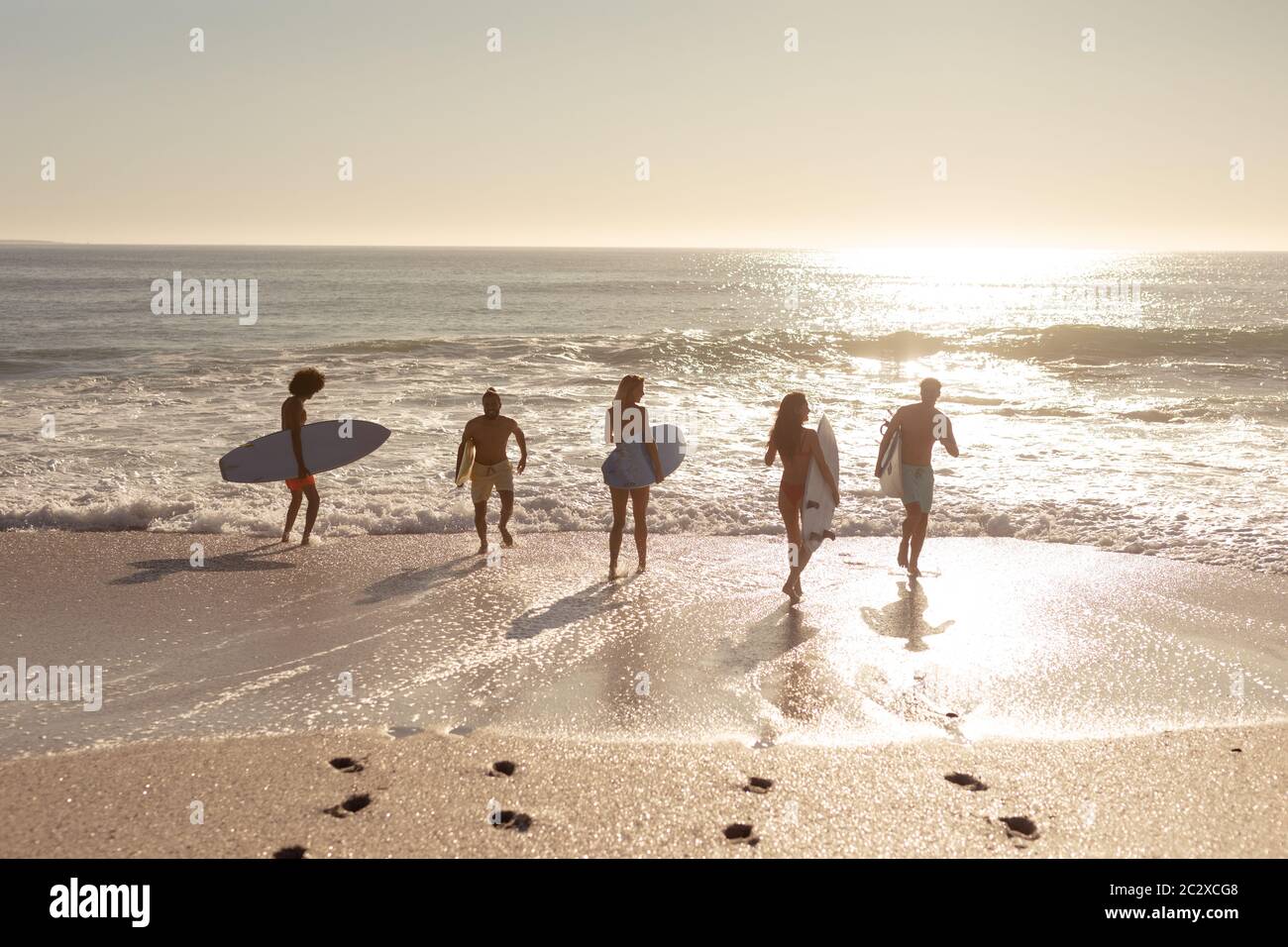Grupo multiétnico de hombres y mujeres, surfing en la playa Foto de stock