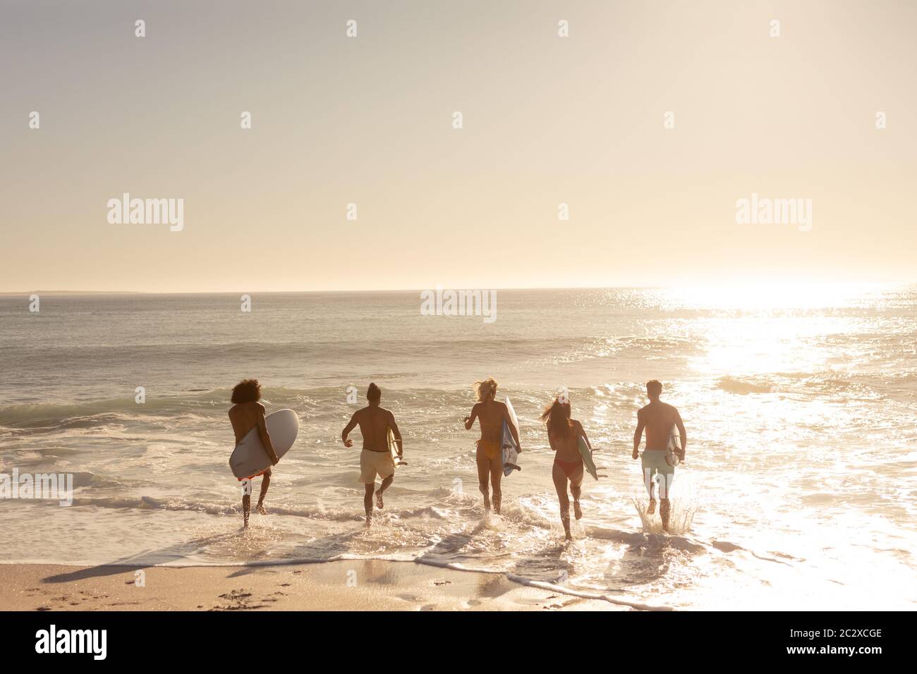 Grupo multiétnico de hombres y mujeres, surfing en la playa Foto de stock